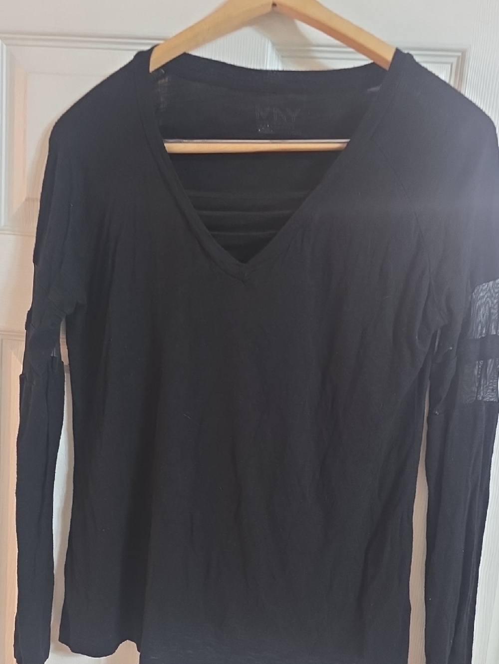 Marc New York Black V-Neck Long Sleeve Top with Sheer Sleeve Panels